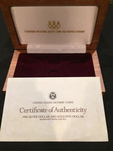 1988 US Olympic 4-Coin Commemorative Set with Mahogany Box COA **NO COINS**-3247 Cover