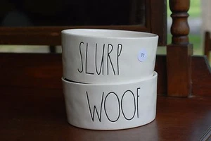 Pair of Rae Dunn Dog Bowls Woof Slurp Pet Magenta Artisan Magnolia Farmhouse  - Picture 1 of 3