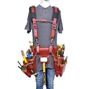 leather tool belt with suspenders heavy duty tool pouch carpenter electrician - Picture 1 of 15