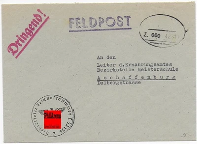 Feldpost: Bahnpoststempel 1943 aptiert, FPNr. L53156 nach Aschaffenburg Dringend - Bild 1 von 2