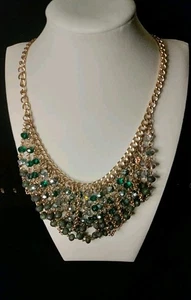 Green & AB  Beaded Gold Tone Chain Statement Bib Necklace Chunky Necklace - Picture 1 of 4