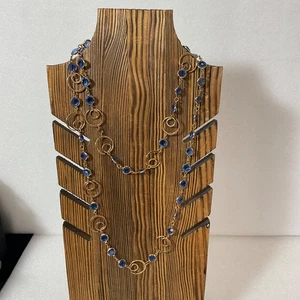 40in Gold Tone Necklace Blue Faceted Beads Spiral Link Design Elegant Jewelry - Picture 1 of 7