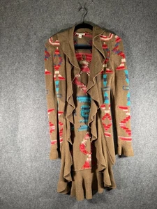 BOSTON PROPER Cardigan XS Aztec Ruffle Open Front Longline Southwestern Sweater - Picture 1 of 7