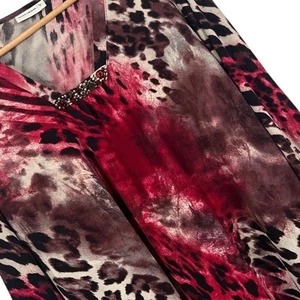 Susan Graver Damen L Leopard Animal Print verziert V-Ausschnitt 3/4 Arm Top - Bild 1 von 12