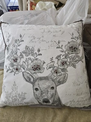 Loving Kindness Floral Deer Embroided Pillow Cabin Holiday Decor 17 X 17 Down - Image 1 of 4