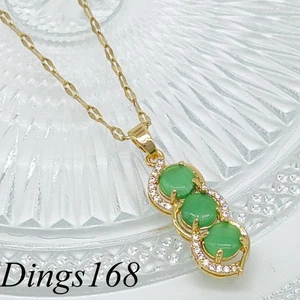 18K Yellow Gold Filled Tarnish-Resist 9x24mm Green Stone Pendant +Necklace Chain - Picture 1 of 4