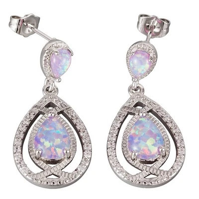 7x9 4x6 Pear Lavender Purple Fire Opal Cabochon Silver Drop Pierced Earrings - Image 1 of 4