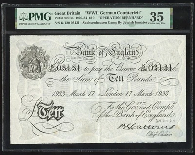 WWII Operation Bernhard Counterfeit £10 Pounds 17 March 1933 PMG Choice VF 35 - Image 1 of 2