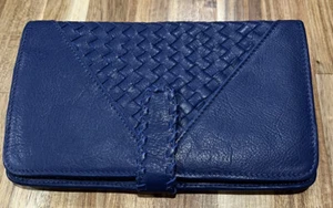 Linea Pelle Women Blue Clutch Wallet Whipstitch And Woven Leather Accent - Picture 1 of 12