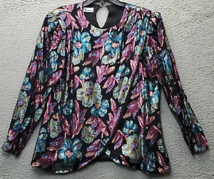 Patra Blouse Womens Petite Small Multi Floral Metallic Back Keyhole Button EUC - Picture 1 of 8