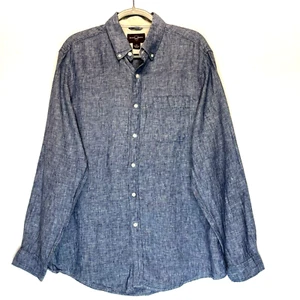 Black Brown 1826 Shirt Mens Large 100% Linen Chambray Blue Button Up Lightweight - Picture 1 of 5
