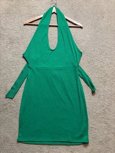 NWT PrettyLittleThing Green Ribbed Halter Open Tie Back Bodycon Mini Dress 10 - Picture 1 of 6