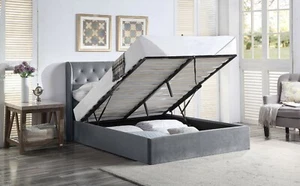 Grey Velvet Ottoman Bed With Tall Wing Headboard Gas Lifting Under Bed Storage - Picture 1 of 14