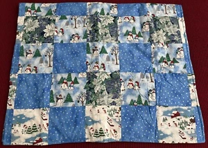 Handmade Reversible Blue Patchwork SNOWMAN & POINSETTIA Quilt Blanket, 42" x 68" - Picture 1 of 15