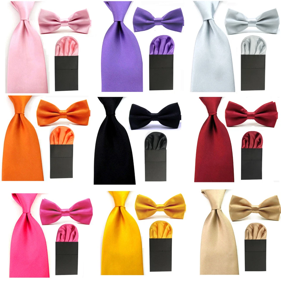 Men Solid 8cm Tie Neckties Assort Satin Bowtie Pre-Folded Puff Pocket Square Set - Image 1 of 1