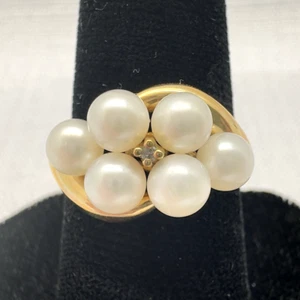 Vintage 10k Gold Diamond & Cultured Pearl Cluster Retro Cocktail Ring Size 6 - Picture 1 of 12