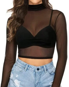 Women's Short Sleeve Long Sleeve Sheer Mesh Crop Tops Tee Shirt Blouse - Picture 1 of 6