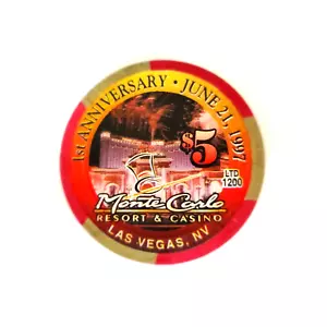 Monte Carlo $ 5 Poker Chip 1. Jahrestag Las Vegas LTD 1200 21. Juni 1997 - Bild 1 von 4