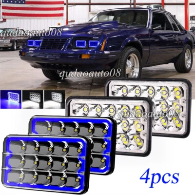 4x Fit Ford Mustang 1979-1986 DOT 4x6" Square LED Headlights Hi/Lo Beam Blue DRL - Image 1 of 4