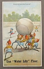 Brownies PUTTING ON THE CURVE 1890's Victorian ad Trade Card baseball FLOUR