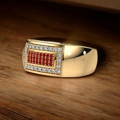 Rubí corte redondo con anillo enchapado en oro de plata de ley 925 para hombre #A205 * Foto 1 de 4