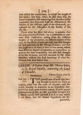 A Letter from Mr. Henry Eeles  concerning the Cause of Thunder - 1753 - Image 1 of 2