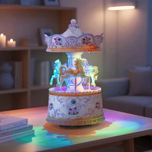 Handgefertigte Karussell Spieluhr mit bunten Lichtern, Vintage Pferd Spielfigur... - Bild 1 von 9