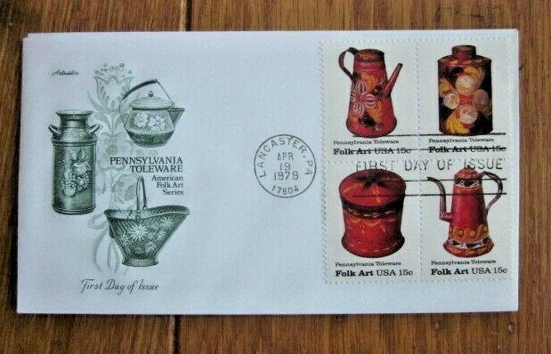 AMISH FOLK ART PENNSYLVANIA TOLEWARE SET BLOCK 1979  ARTMASTER  CACHET FDC - Image 1 of 1