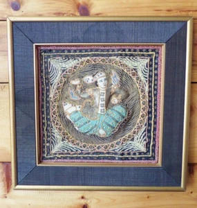Vintage Burmese Embroidered Picture Yoga Sequins Beads Gold Thread Frame 1980s - Picture 1 of 8