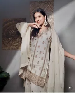 Traje Palazzo Blanco Georgette Pure Look Impresionante Con Dupatta Para Compromiso - Imagen 1 de 11
