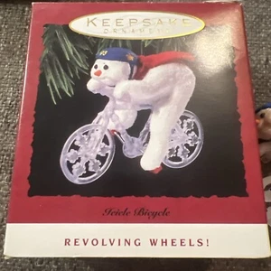 Vintage 1993 Hallmark Keepsake Snowman Ornament Icicle Bicycle In Original Box - Picture 1 of 7