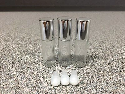 3 NOVOS frascos roll-on de 1/6 oz; VIDRO TRANSPARENTE escolha tampas pretas ou prateadas  - Imagem 1 de 2