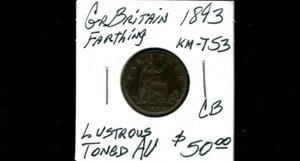 GREAT BRITAIN KM-753, 1893 Farthing Lustrous toned Almost Uncirculated - Picture 1 of 2