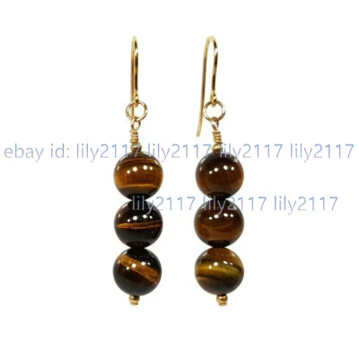 Pendientes colgantes de gancho de oro con cuentas redondas de piedras preciosas ojo de tigre amarillo natural de 8 mm AAA Foto 1 de 3