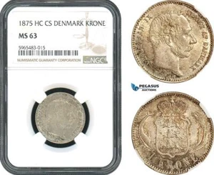 AH385, Denmark, Christian IX, 1 Krone 1875 HC CS, Copenhagen Mint, NGC MS63 - Picture 1 of 1