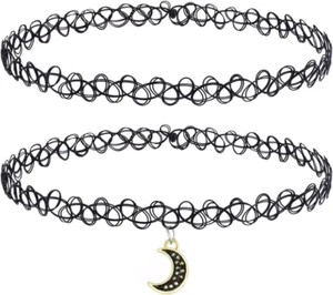 2PC Tattoo Choker Necklace - 90S Choker Necklace Women - 2000S Y2K Black Chokers - Picture 1 of 12