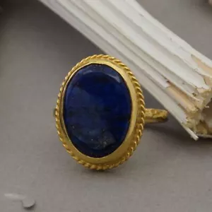 Omer Silver 925k Handmade Large Lapis Lazuli Gold Ring Turkish Designer Jewelry - Picture 1 of 6