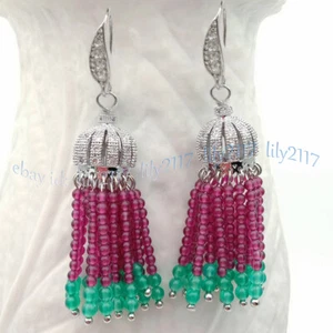 Natural 3mm Rose Red Jade 4mm Green Aventurine Tassel Dangle Silver Hook Earring - Picture 1 of 6