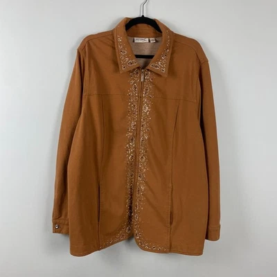 Quacker Factory Dream Jeannes Rhinestone Bling Zip Jacket Size 1X Camel Brown - Image 1 of 4