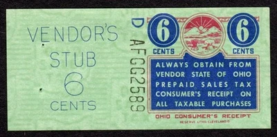 1954 Ohio sales tax receipt 6¢ entire; type RE-6c-10B [G/ei - Image 1 of 2