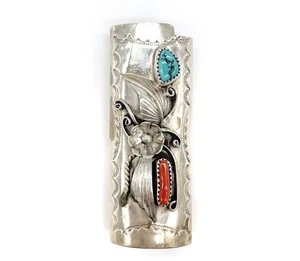 "Estuche encendedor estilo navajo de plata esterlina turquesa coral motivo floral 3"" 14 g" - Imagen 1 de 6
