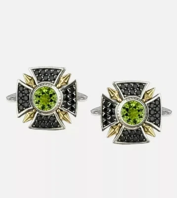 14K Three Tone Gold Plated Silver 2Ct Round Lab Created Peridot Cufflink Men's - Image 1 of 4