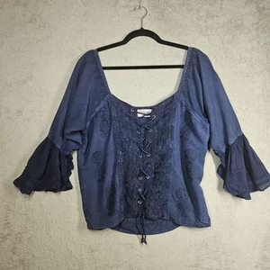 Encounter Embroidered 3/4 Chiffon Ruffle Slv Lace Up Front Blouse Blue Free Size - Picture 1 of 15