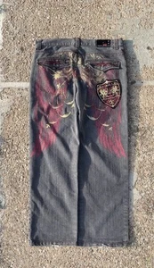Vintage Premium Raw Blue Jeans Mens 38x34 Embroidered Red Stiching Y2k - Picture 1 of 4