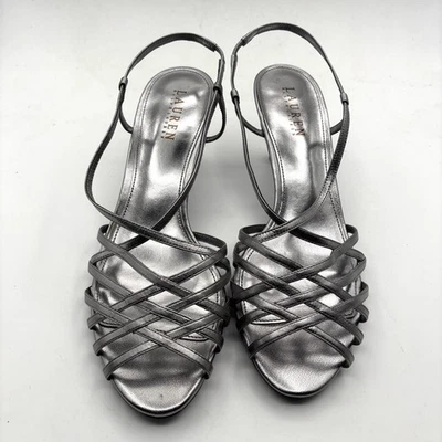 Sandalias Lauren Ralph Lauren de cuero superior plateadas con tiras talla 10B Foto 1 de 4