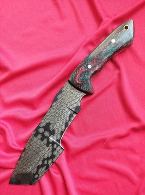 11.5" Left Hand Carry CFK D2 Steel Bush Knife w/ Printed Blade, Leather Sheath - Image 1 of 4