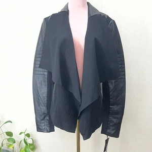Blanc Noir Black Faux Leather & Knit Front Pocket Drape Jacket Womens Size L NWT - Picture 1 of 11