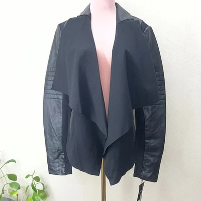 Blanc Noir Black Faux Leather & Knit Front Pocket Drape Jacket Womens Size L NWT - Image 1 of 4