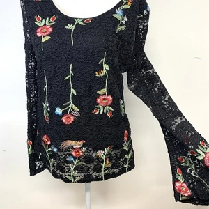 Solitaire Lace Crochet Blouse Woman Medium Black Floral Flare Sleeve Witchy Goth - Picture 1 of 12