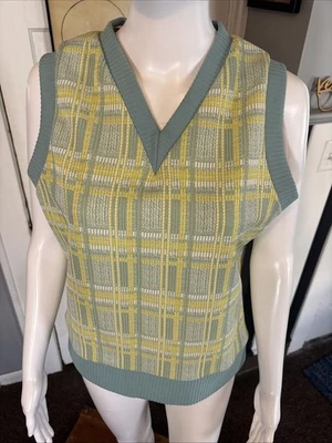 VTG 70s CENTER STAGE Women's Sweater Vest Size 14 Brady Bunch Retro Plaid V-neck - Image 1 of 4